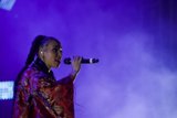 FKA twigs Stunning Profile Portrait Singing Baby Hairs Swirls Hoop Earrings Septum Ring Red Lipstick Black Choker Braided Ponytails Kimono Gold Chinese Patterns Purple Haze