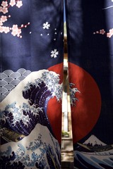 Japanese Noren Curtain with Wave and Mount Fuji Design