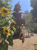 Woman and Dog Pose in Front of Giant Statue in Healdsburg Park