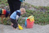 Toddler Explores Beach Sand with Colorful Toys
