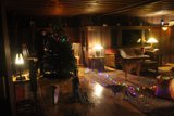 Cozy Living Room with Festive Cat and Tree