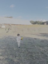 Child Playing with Yellow Toy in Rural Field
