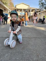 Young Child on Balance Bike at Neighborhood Block Party