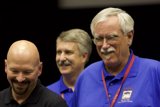 Three Happy Men in Blue Shirts and Mustaches