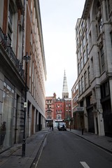 Narrow London Street with Church Spire View