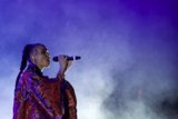 FKA twigs Beautiful Upper Body Profile Singing Eyes Closed Baby Hairs Swirls Hoop Earrings Braided Ponytail Black Choker Rings Kimono Red Brocade Gold Patterns Purple Blue Lighting Heavy White Haze
