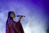 FKA twigs Beautiful Upper Body Profile Singing Baby Hairs Swirls Hoop Earrings Red Lipstick Braided Ponytail Rings Kimono Red Brocade Gold Purple Patterns Purple Blue Lighting Heavy White Haze
