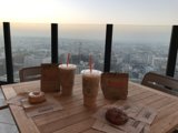Plywood Table with Drinks and Donut
