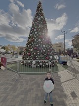 Child Enjoys Cotton Candy at Christmas Tree