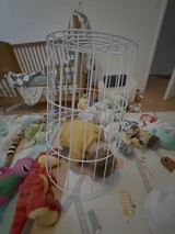 Baby in White Wire Playpen Surrounded by Toys