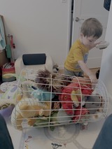 Child Playing with Toys in Wire Basket