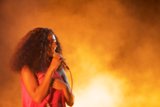 Solange Portrait Hair Covering Face Smiling Orange Glow