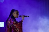 FKA twigs Profile Portrait Singing Baby Hairs Swirls Hoop Earrings Septum Ring Red Lipstick Black Choker Braided Ponytails Kimono Gold Patterns Purple Haze LED Panel
