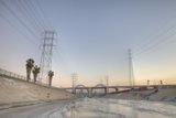 Serene River View with Power Lines and Palm Trees