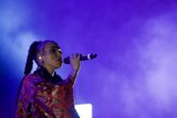 FKA twigs Profile Portrait Singing Baby Hairs Swirls Hoop Earrings Septum Ring Red Lipstick Black Choker Braided Ponytails Kimono Gold Patterns Purple Haze LED Panel