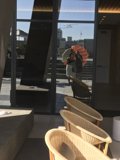 Woman with Umbrella in Front of Plywood Building