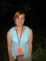 Penelope at Outdoor Night Event with Badge