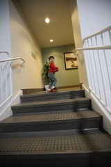 Young Boy Climbing Stairs in Modern Interior