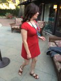 Lady in Red Strolling Down the Path