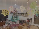 Christmas Morning Living Room with Tree and Snowflakes
