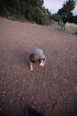 Curious Child Exploring Gravel Path at Dusk