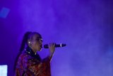 FKA twigs Stunning Profile Portrait Singing Baby Hairs Swirls Multiple Hoop Earrings Red Lipstick Black Choker Braided Ponytails Kimono Gold Chinese Patterns Rings Purple Haze