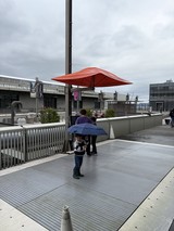 Child with Umbrella on Rainy Rooftop Terrace