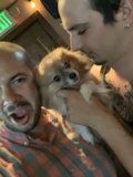 Two Men and Their Pomeranian Puppy Enjoying an Evening in the Bar
