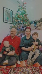 Family Christmas Morning Portrait by Tree
