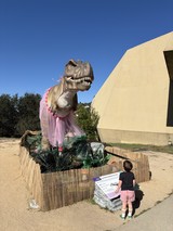 Child Encounters T-Rex in Pink Tutu at Dinosaur Park