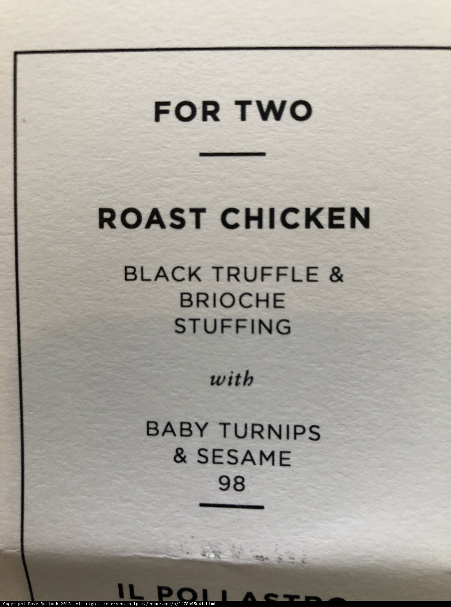 Two Roast Chicken with Black Truffles and Stuffing Menu