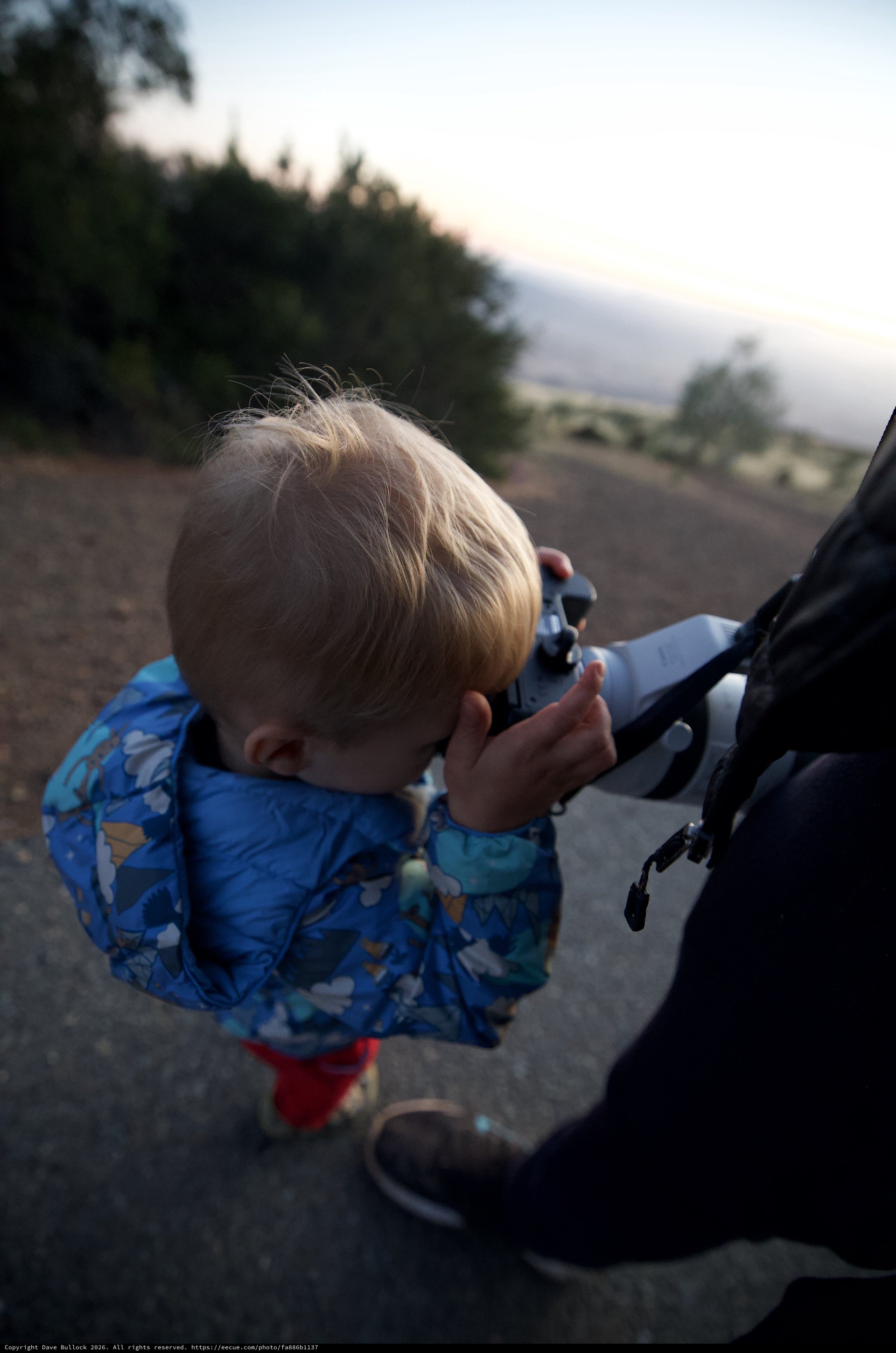 Tiny Photographer Explores Camera at Mountain Overlook