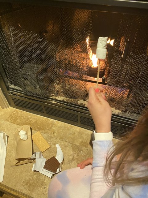Roasting marshmallows by the fireplace