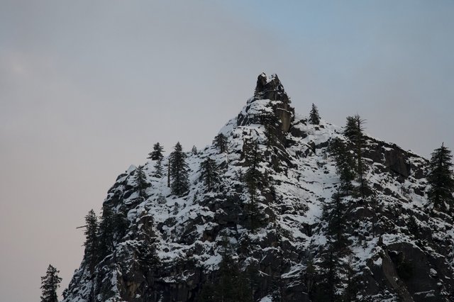 Snow-Dusted Rocky Pinnacle Among Evergreen Trees at Dusk