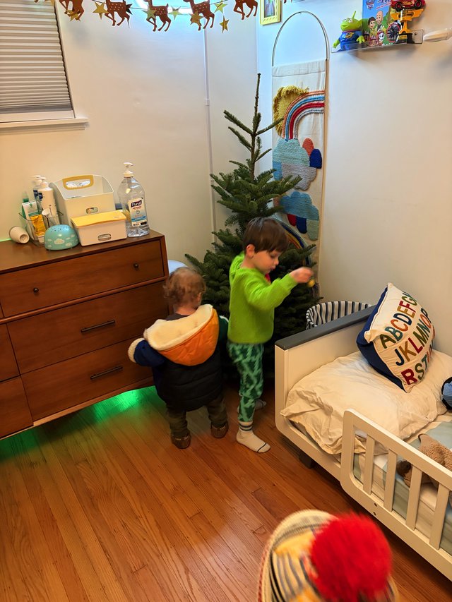 Two Children Decorating Christmas Tree in Bedroom