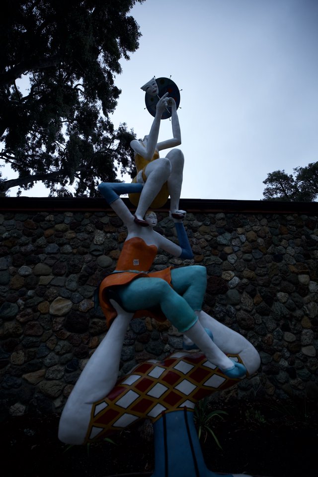 Colorful Acrobatic Sculpture Stack at Twilight