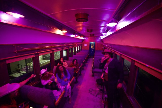 Purple-Lit Observation Car on Historic Santa Fe Train