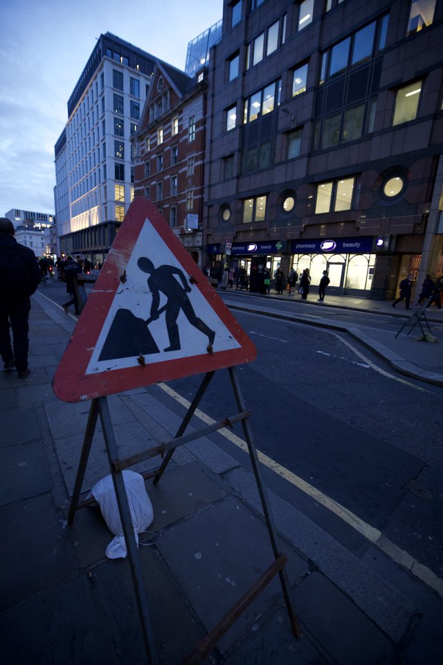 Urban Construction Warning Sign at Twilight in London