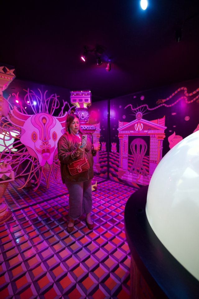 Surreal Art Installation Experience with Neon Pink Lighting
