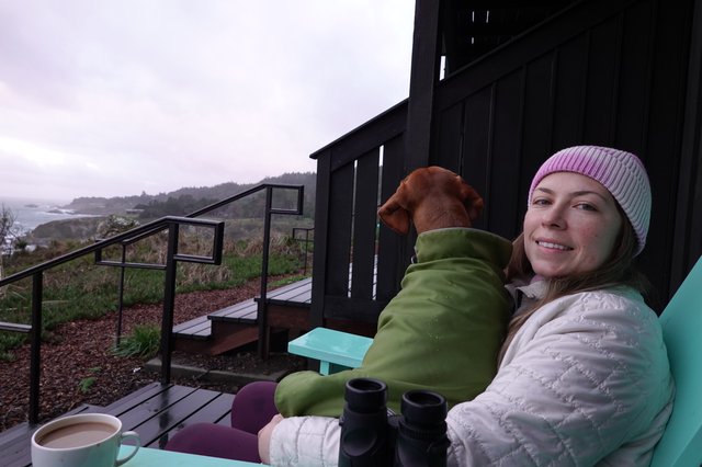 Cozy Morning Coffee with Dog on Coastal Deck
