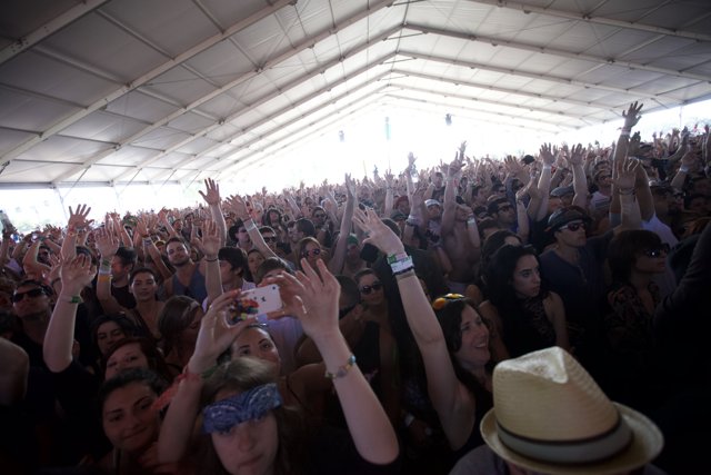 Crowd Goes Wild Caption: Excitement rises as festival-goers raise their hands in the air to the beat of the music at the 2012 Coachella music festival. Caroline de Maigret, Scott Russell, Tyson Heung, and Pier Silvio Berlusconi (pictured) join in the fun with their stylish hats and accessories.