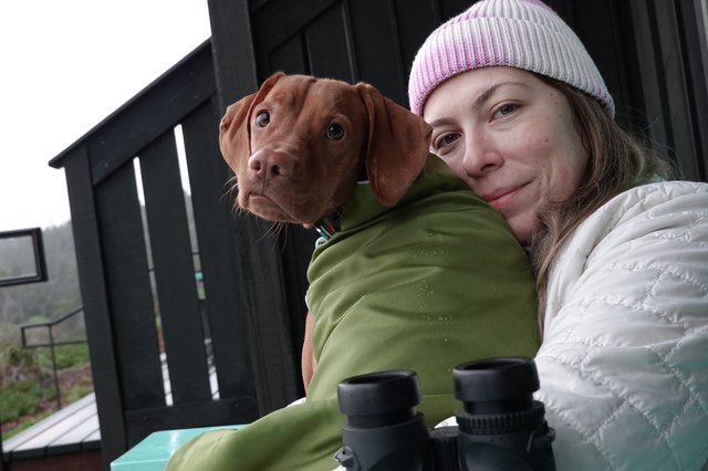 Woman and Dog Bundled for Cold Weather Outdoors