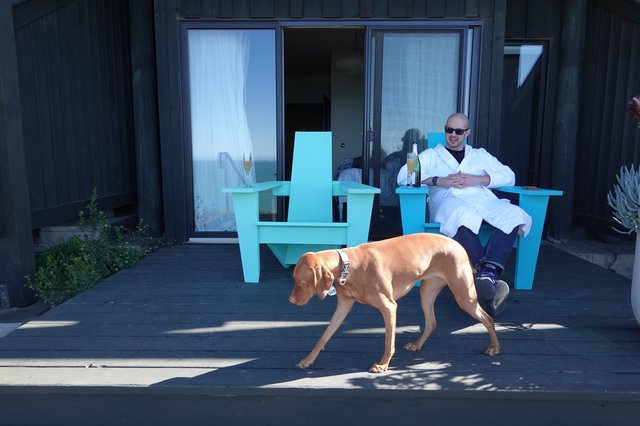 Relaxing with Dog on Modern Deck