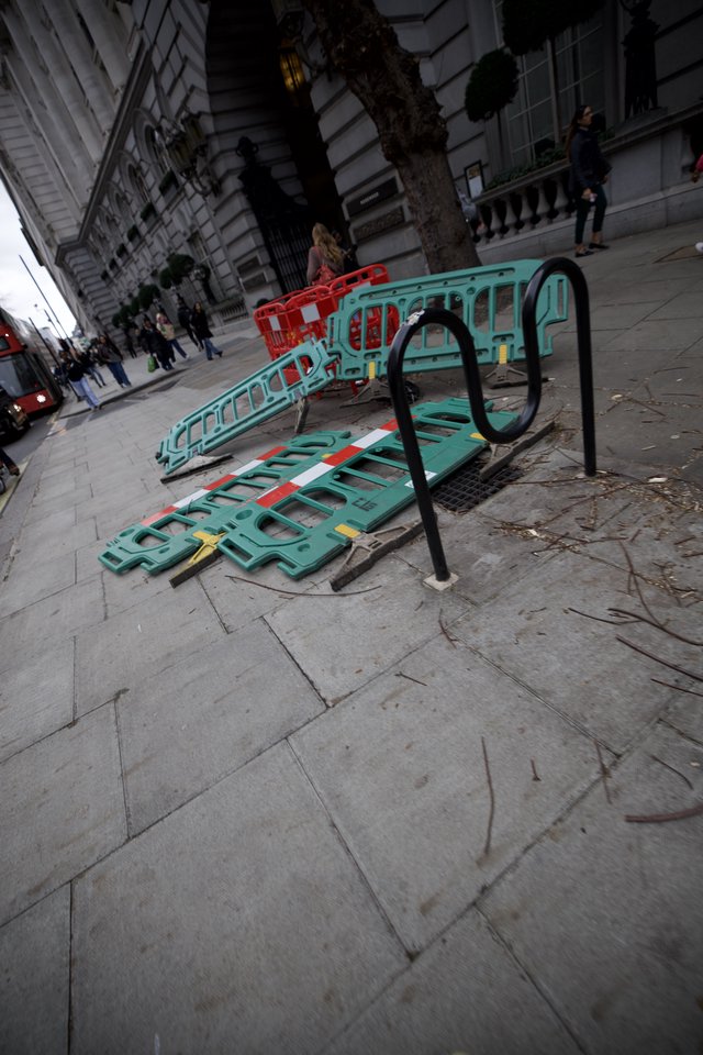 Toppled Safety Barriers and Bike Rack on London Street