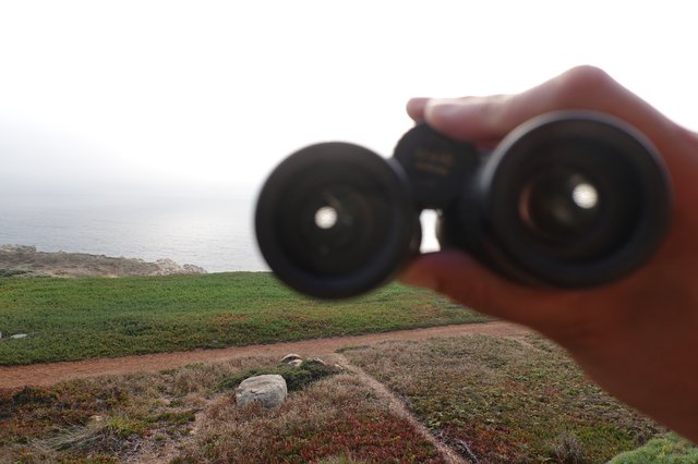 Binoculars Overlooking Misty Coastal Landscape