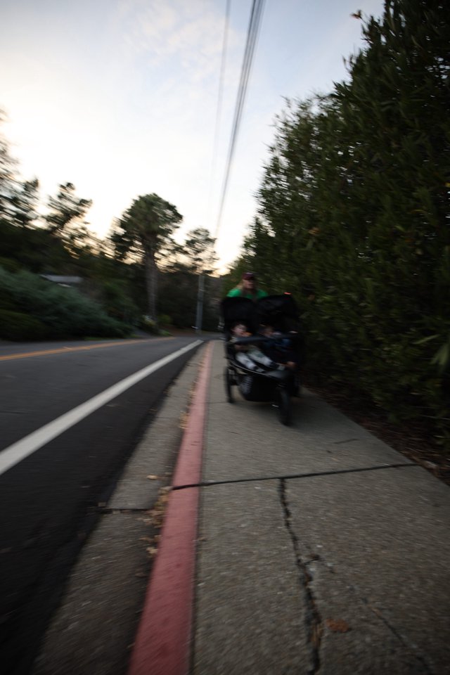 Twilight Stroller Walk on Suburban Sidewalk