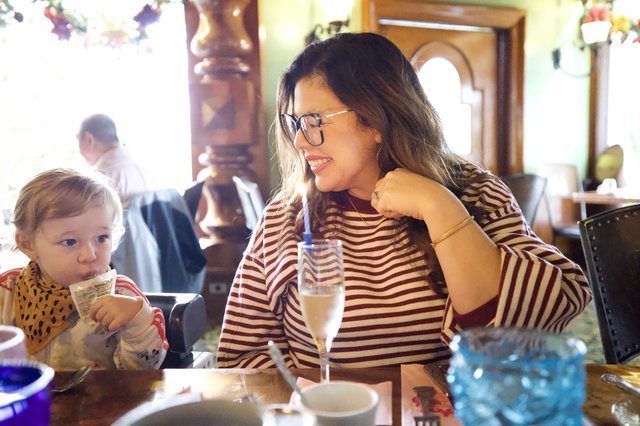 Mother and Child Dining at Madonna Inn Restaurant