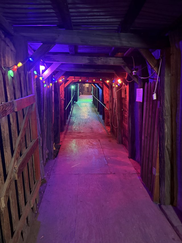 Illuminated Wooden Tunnel with Colorful String Lights