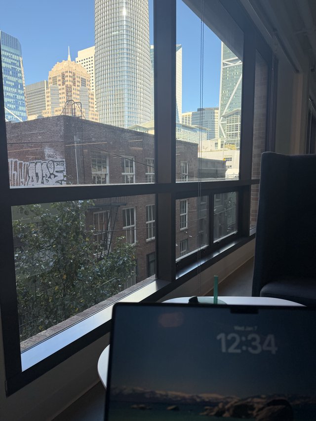 Urban Workspace with Downtown City Skyline View