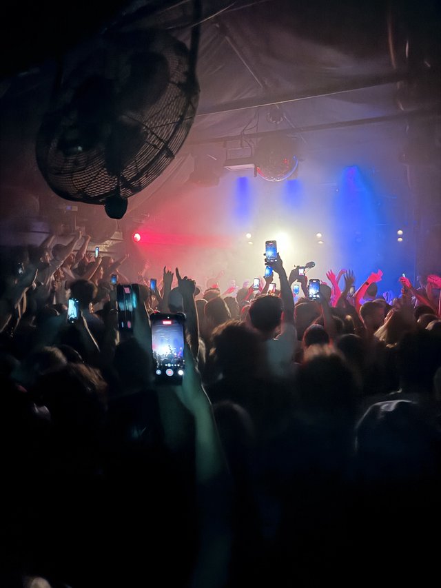 Concert Crowd with Phones Raised in Hazy Blue Light